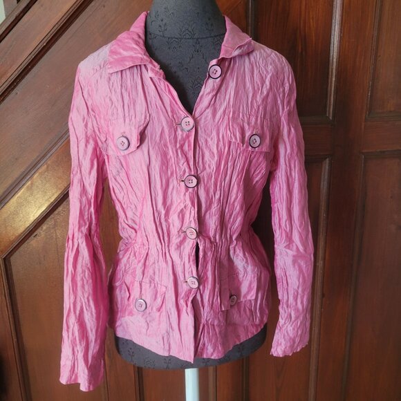 Chicos Pink Silk Crinkle Button-Up Jacket Size 1 Womens Casual Lightweight Top - Picture 1 of 5